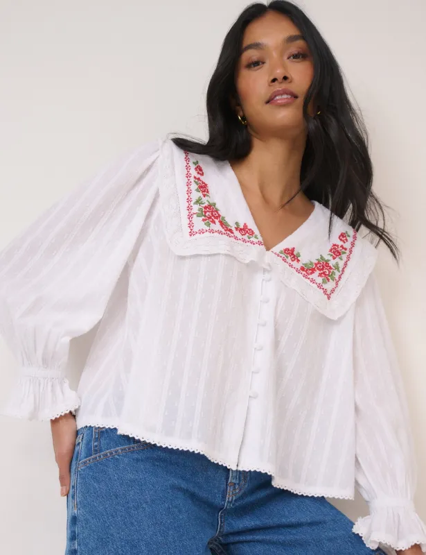 White Floral Collar Embroidered Blouse sold by Nobody's Child