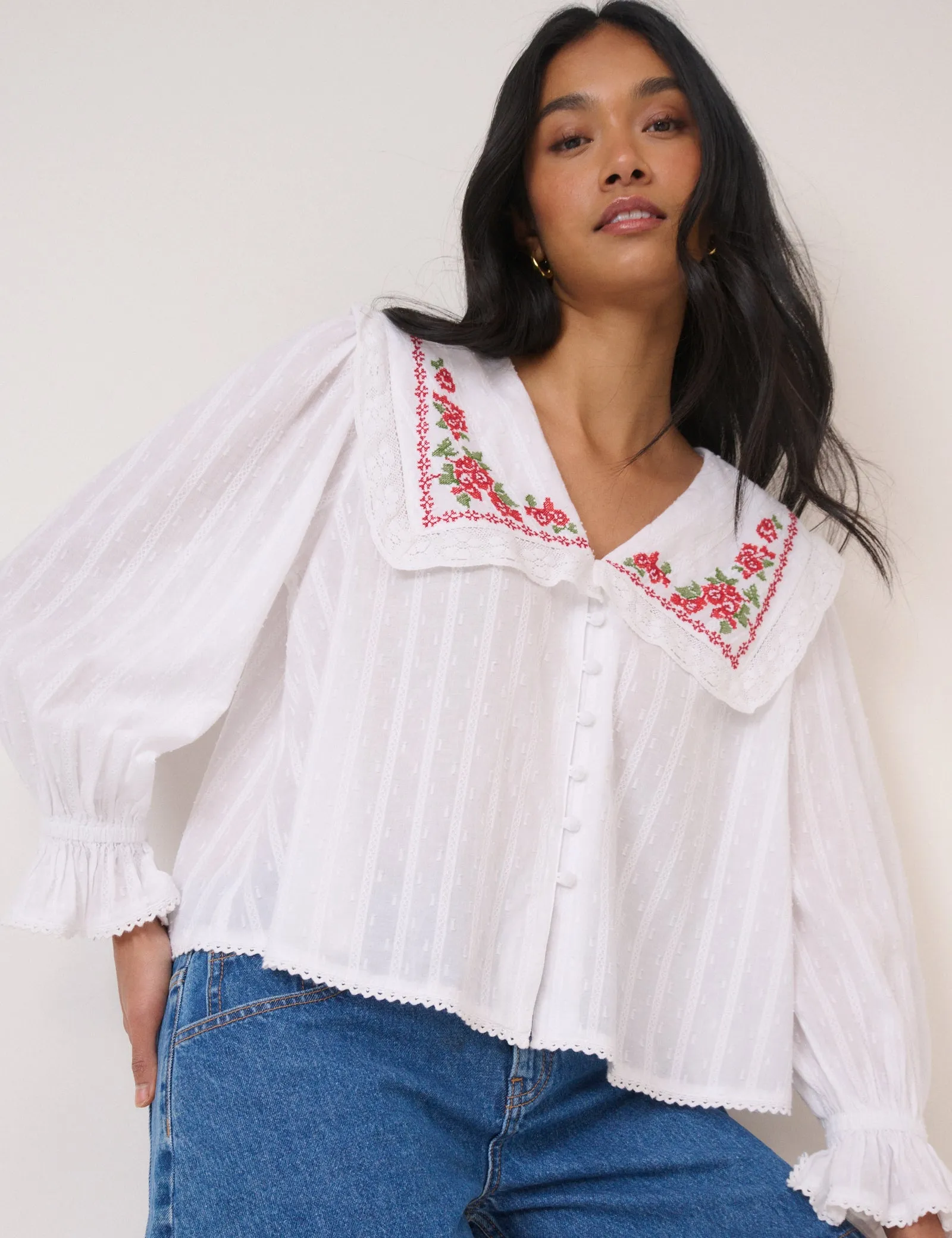 White Floral Collar Embroidered Blouse sold by Nobody's Child