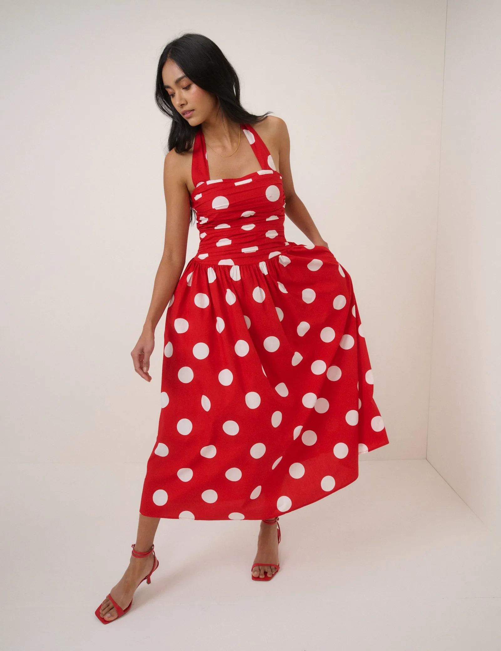 Red Polka Dot Halterneck Lilah Midi Dress sold by Nobody's Child product image thumbnail 3
