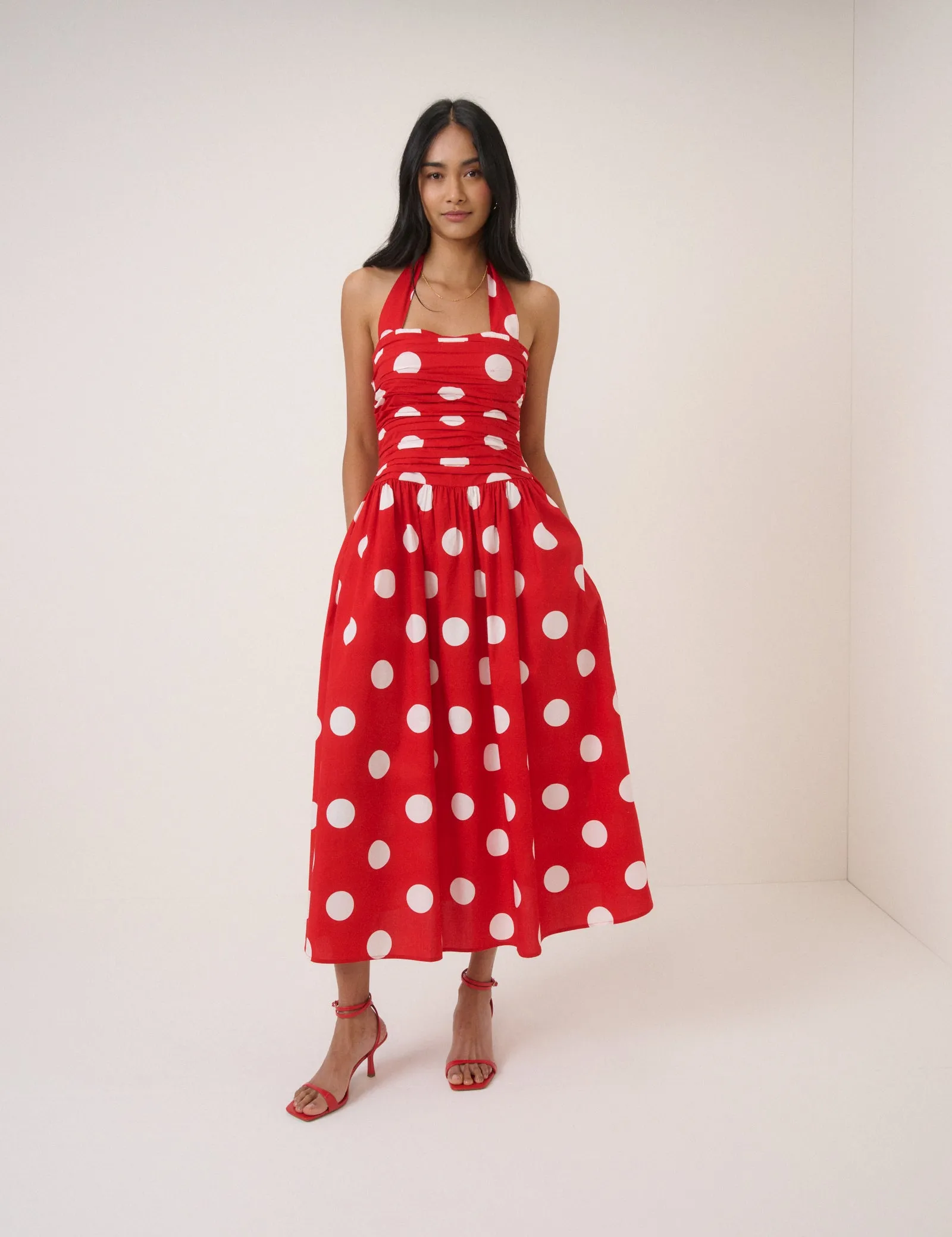 Red Polka Dot Halterneck Lilah Midi Dress sold by Nobody's Child