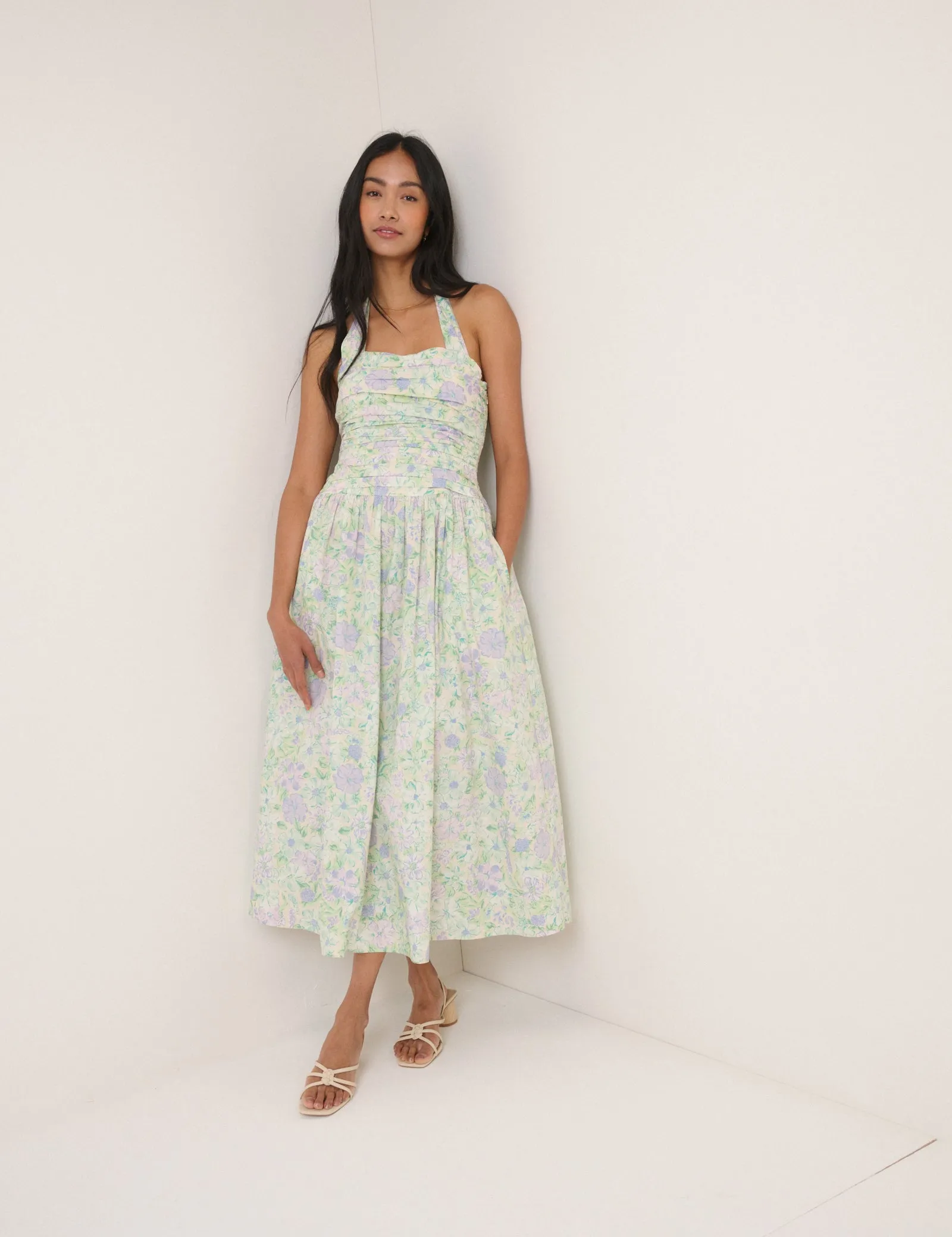 White Floral Halterneck Lilah Midi Dress sold by Nobody's Child