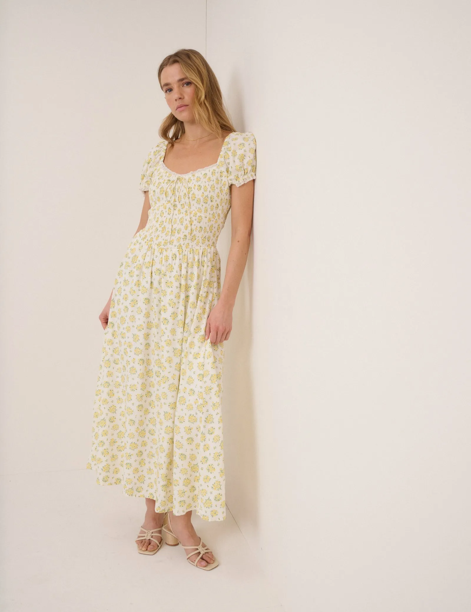 White Ditsy Floral Savanna Midi Dress sold by Nobody's Child