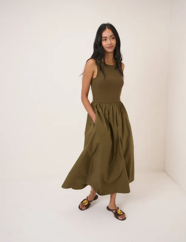 Khaki Sleeveless Drop Waist Vera Midi Dress sold by Nobody's Child