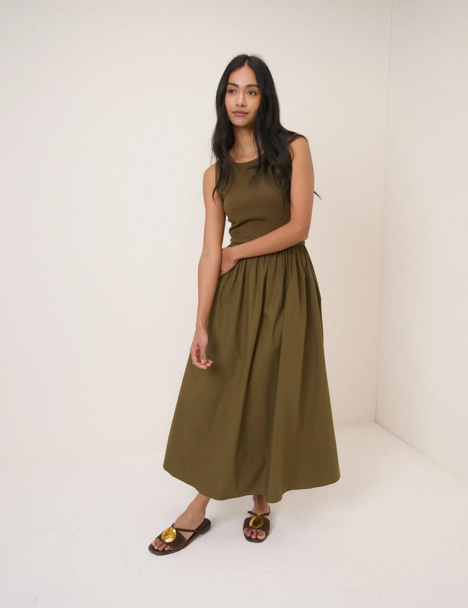 Khaki Sleeveless Drop Waist Vera Midi Dress sold by Nobody's Child product image thumbnail 4