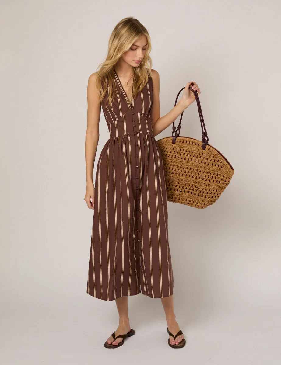 Brown Pinstripe Sleeveless Starlight Midi Dress sold by Nobody's Child
