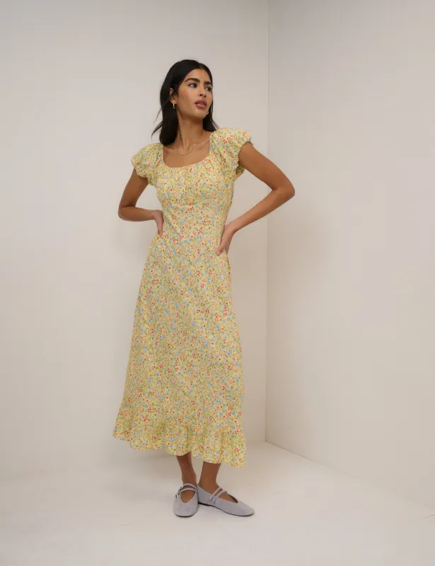 Yellow Ditsy Floral Jemima Midi Dress sold by Nobody's Child