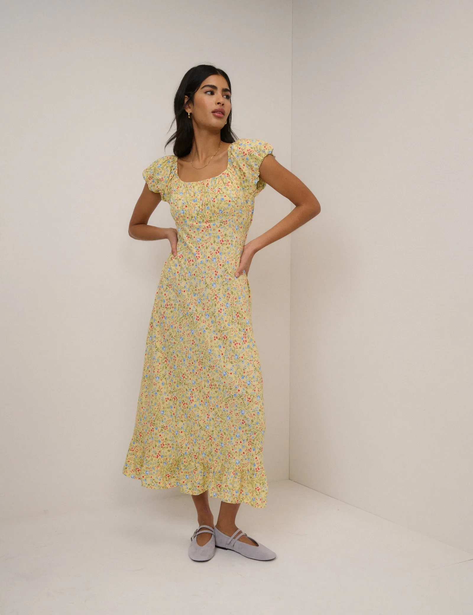 Yellow Ditsy Floral Jemima Midi Dress sold by Nobody's Child