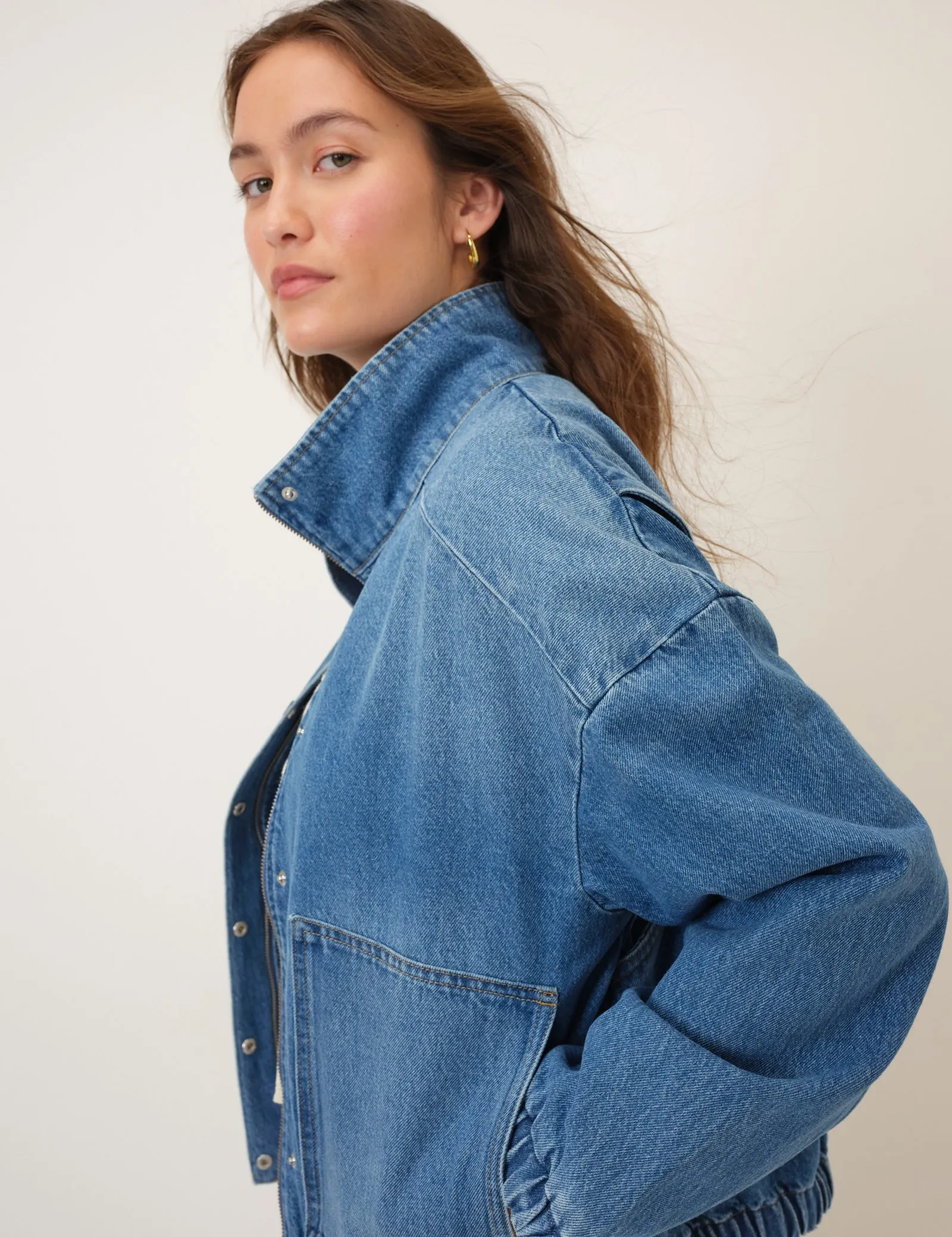 Denim Funnel Neck Bomber Jacket sold by Nobody's Child product image thumbnail 2