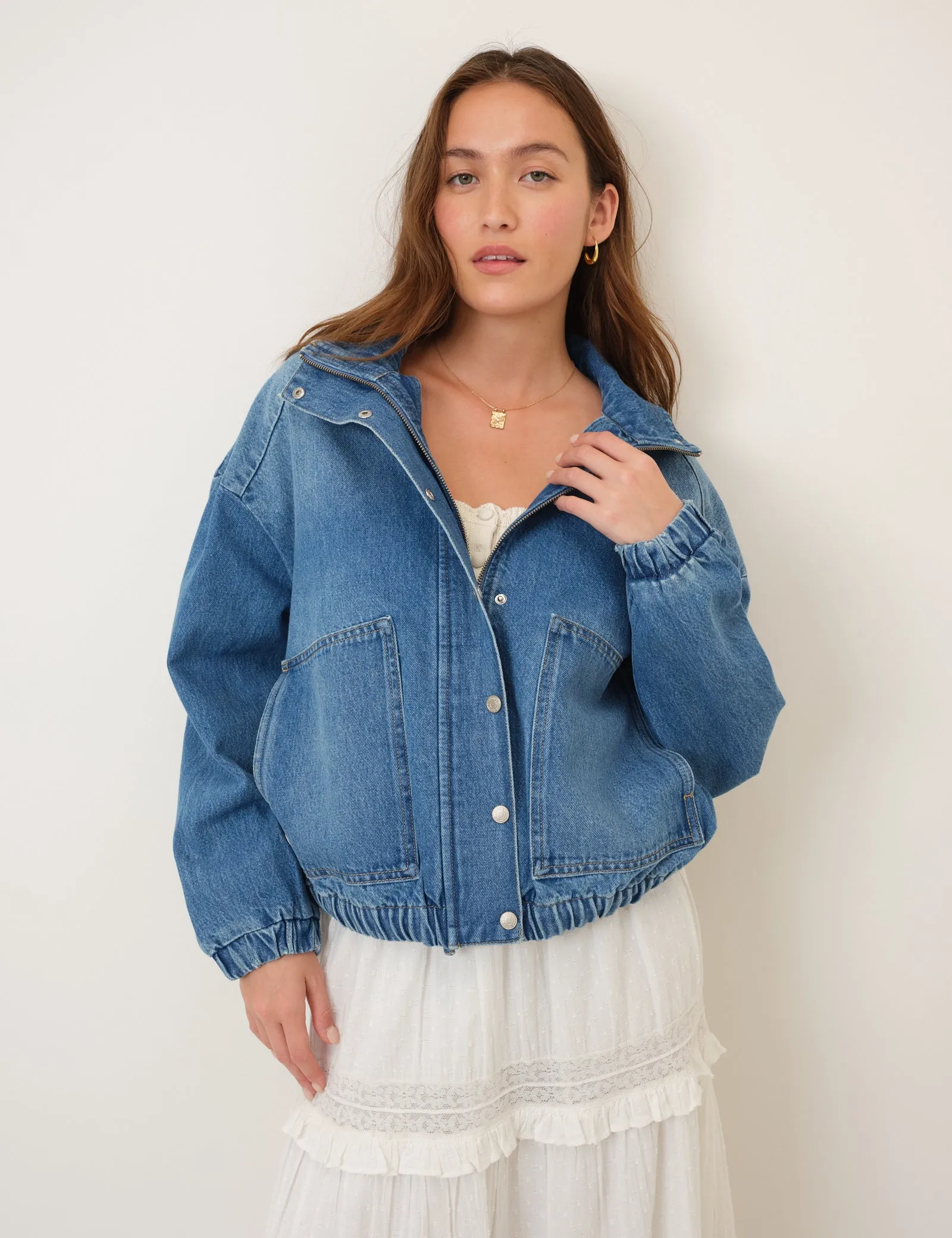 Denim Funnel Neck Bomber Jacket sold by Nobody's Child product image thumbnail 4