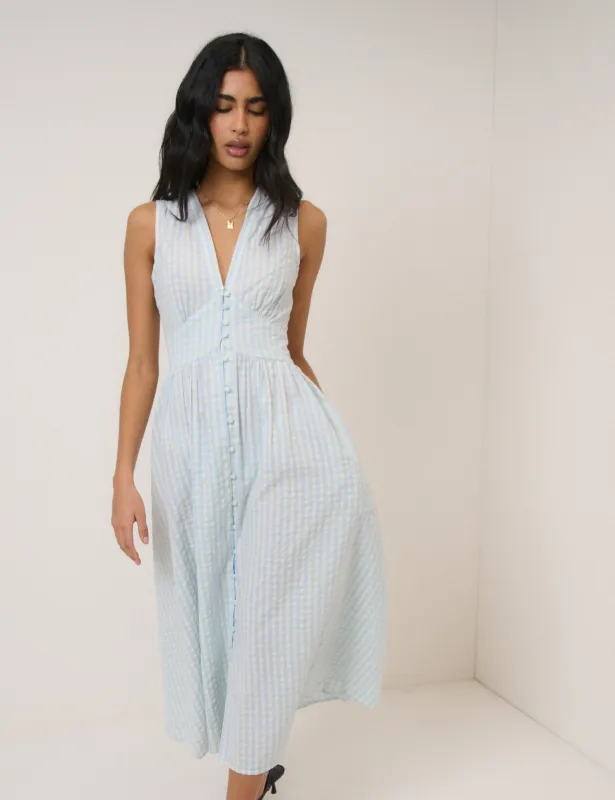 Light Blue Gingham Sleeveless Starlight Midi Dress sold by Nobody's Child