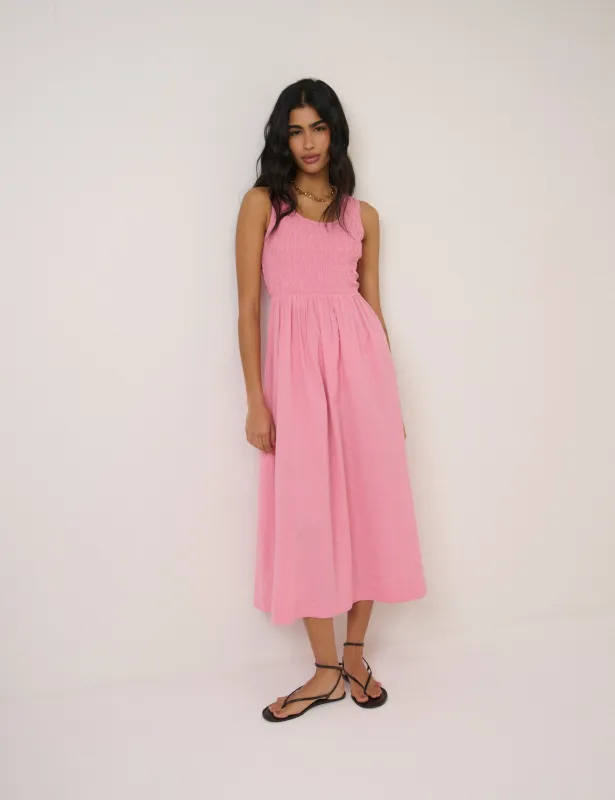 Pink Ruched Sleeveless Kinsley Midi Dress sold by Nobody's Child