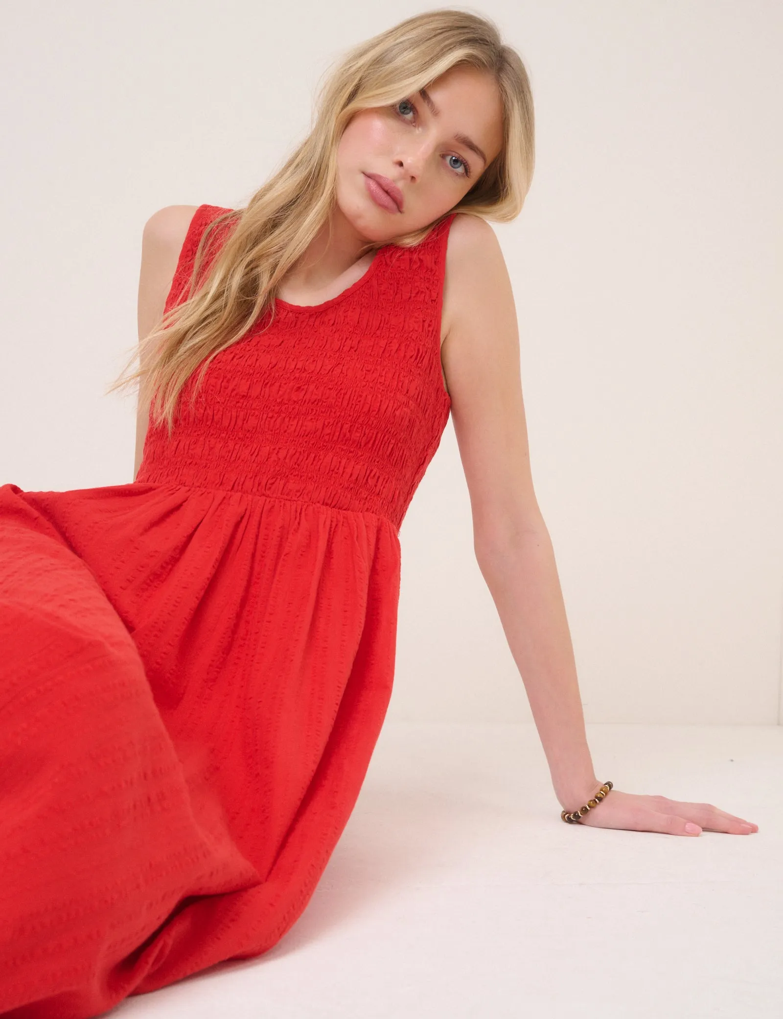 Red Shirred Sleeveless Kinsley Midi Dress sold by Nobody's Child product image thumbnail 3