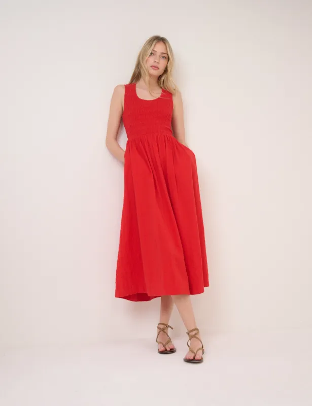 Red Shirred Sleeveless Kinsley Midi Dress sold by Nobody's Child