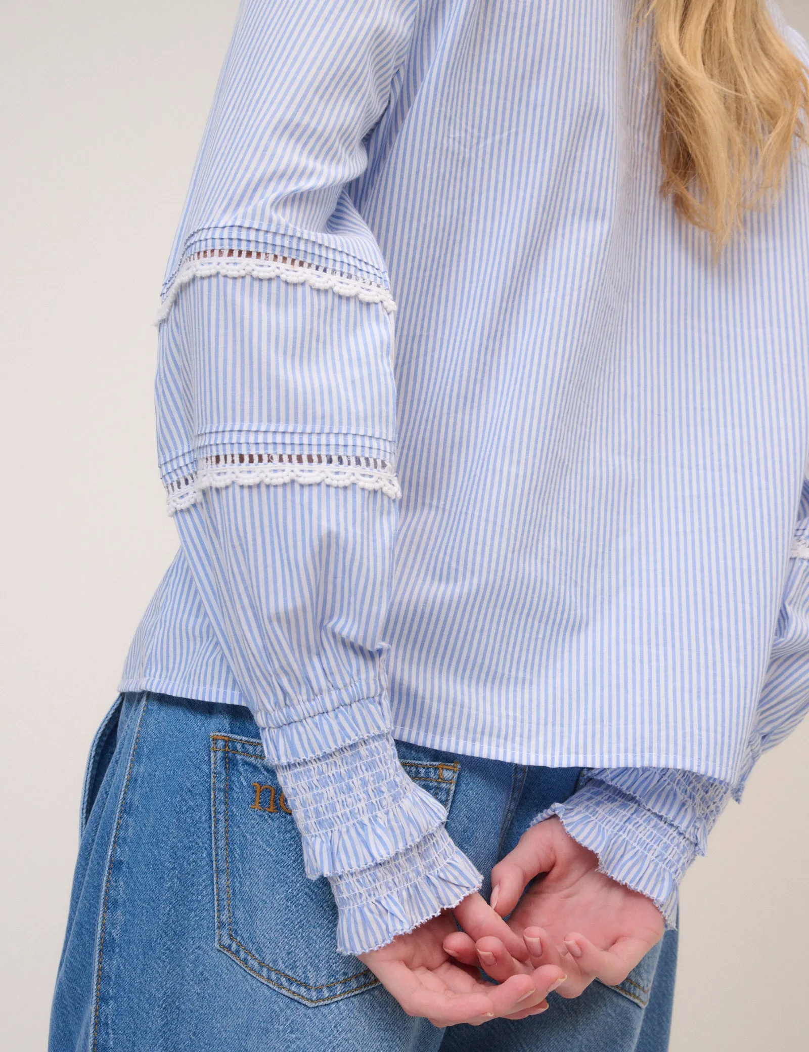 Blue Pinstripe Lace Trim Blouse sold by Nobody's Child product image thumbnail 2