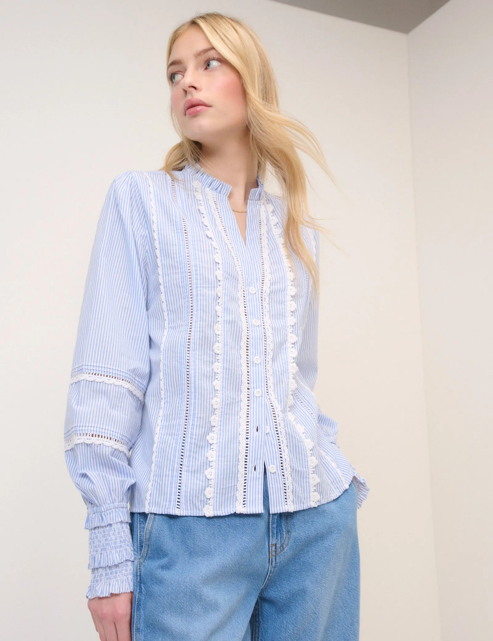 Blue Pinstripe Lace Trim Blouse sold by Nobody's Child product image thumbnail 3