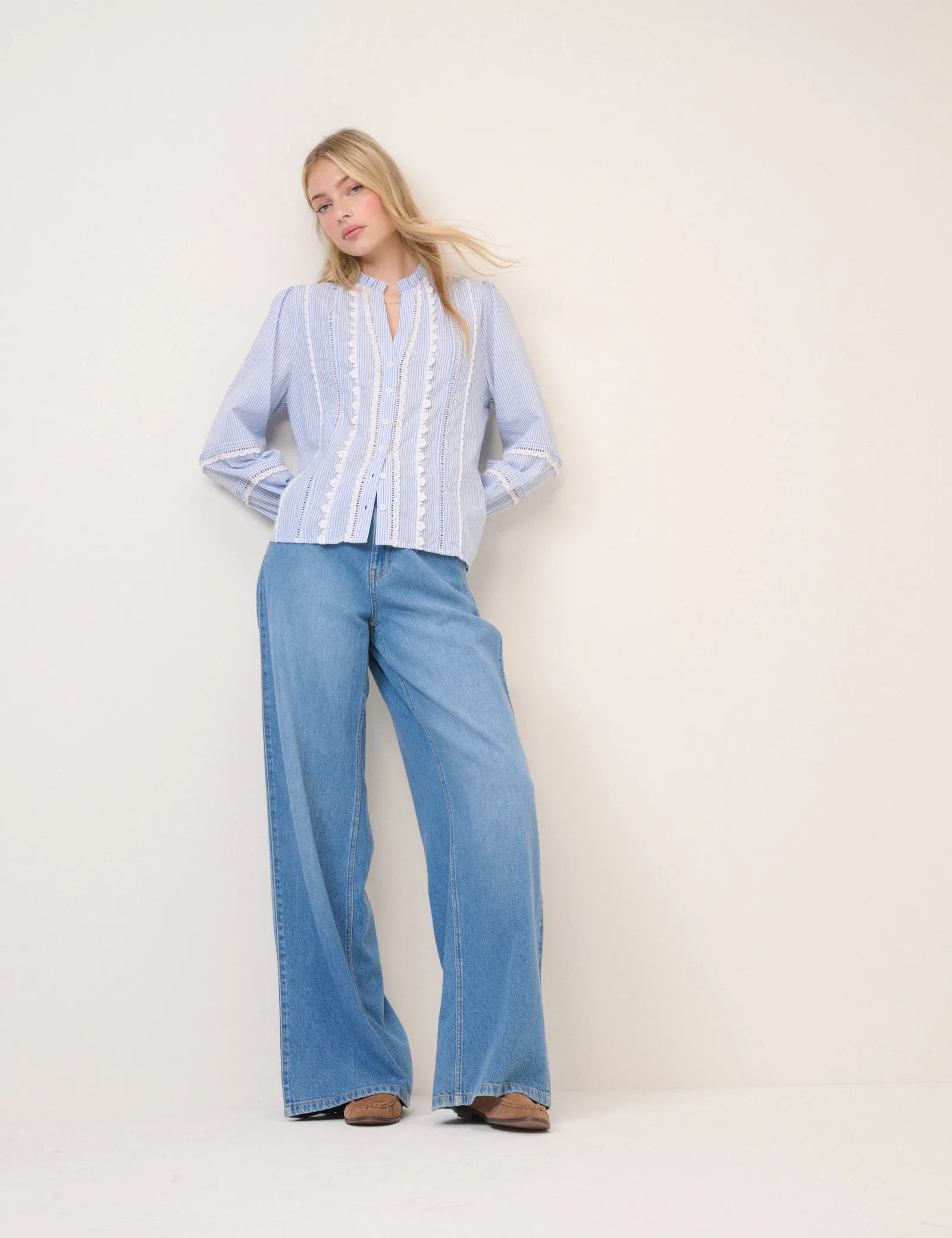 Blue Pinstripe Lace Trim Blouse sold by Nobody's Child product image thumbnail 4