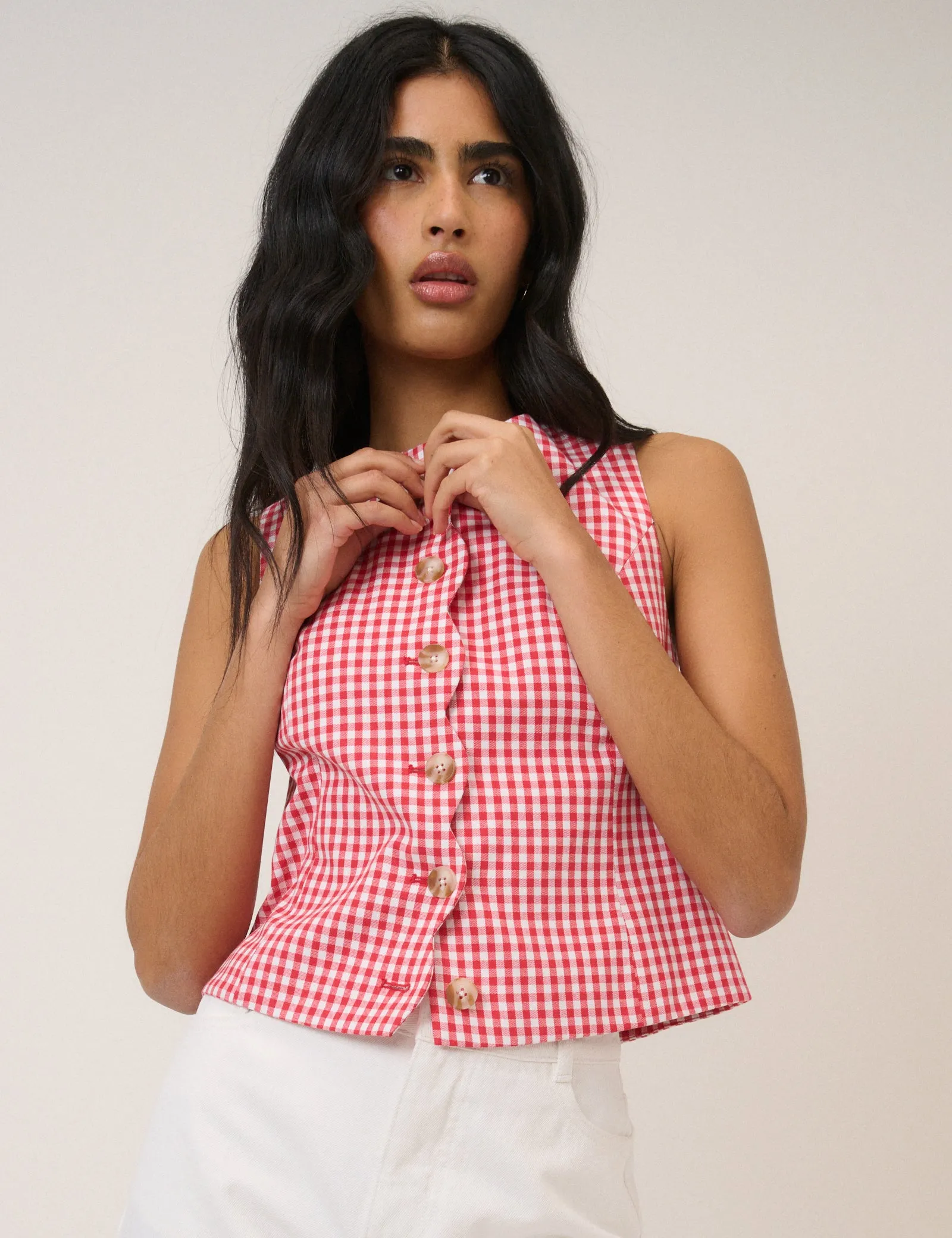 Red Gingham Scalloped Waistcoat sold by Nobody's Child product image thumbnail 4