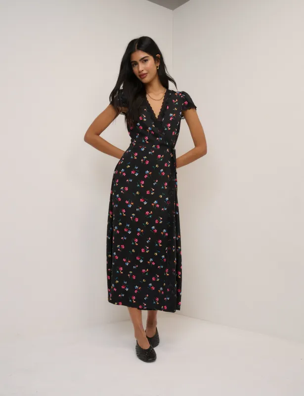 Black Floral Ginny Midi Wrap Dress made by Nobody's Child