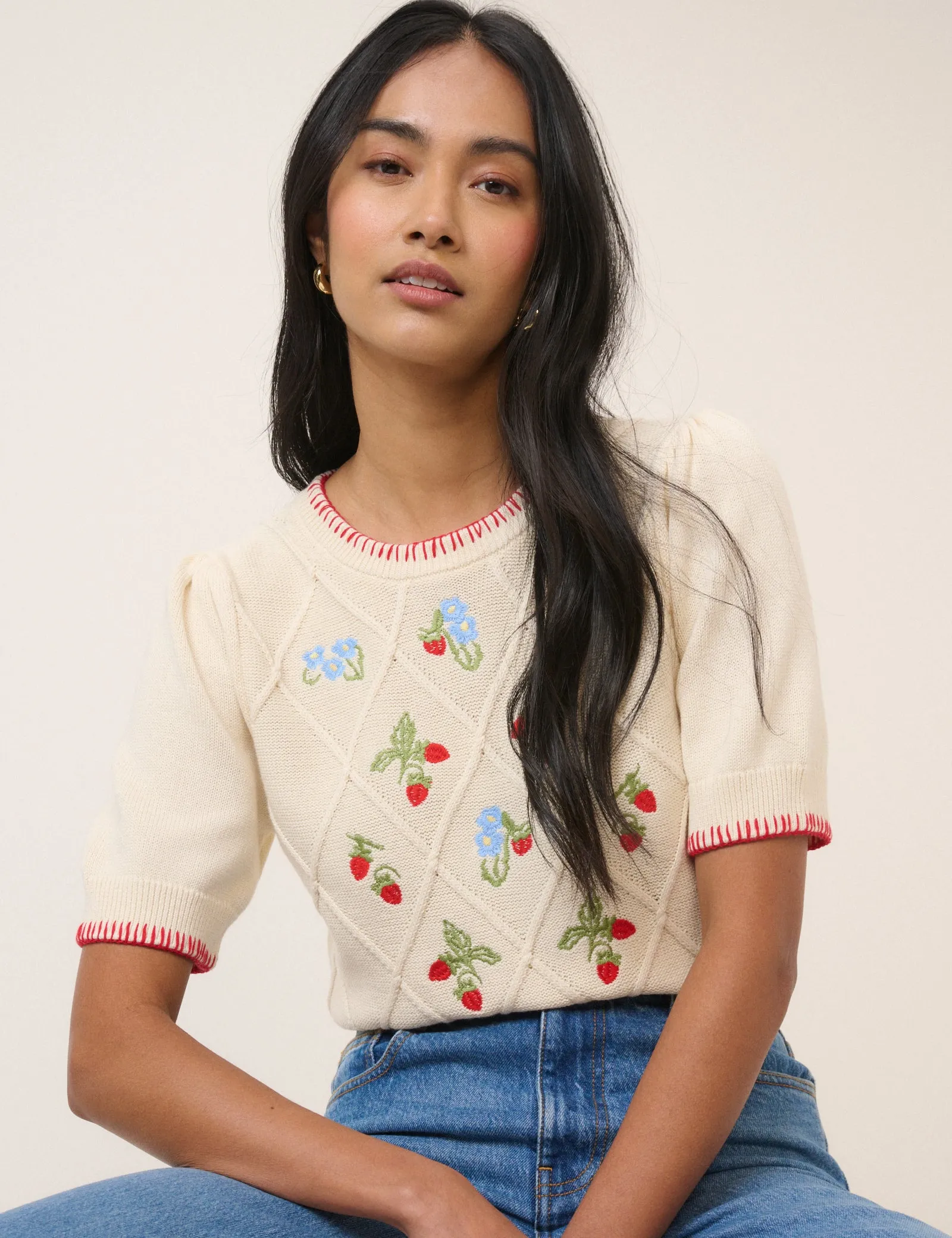 Cream Strawberry Embroidered Knitted T-Shirt sold by Nobody's Child