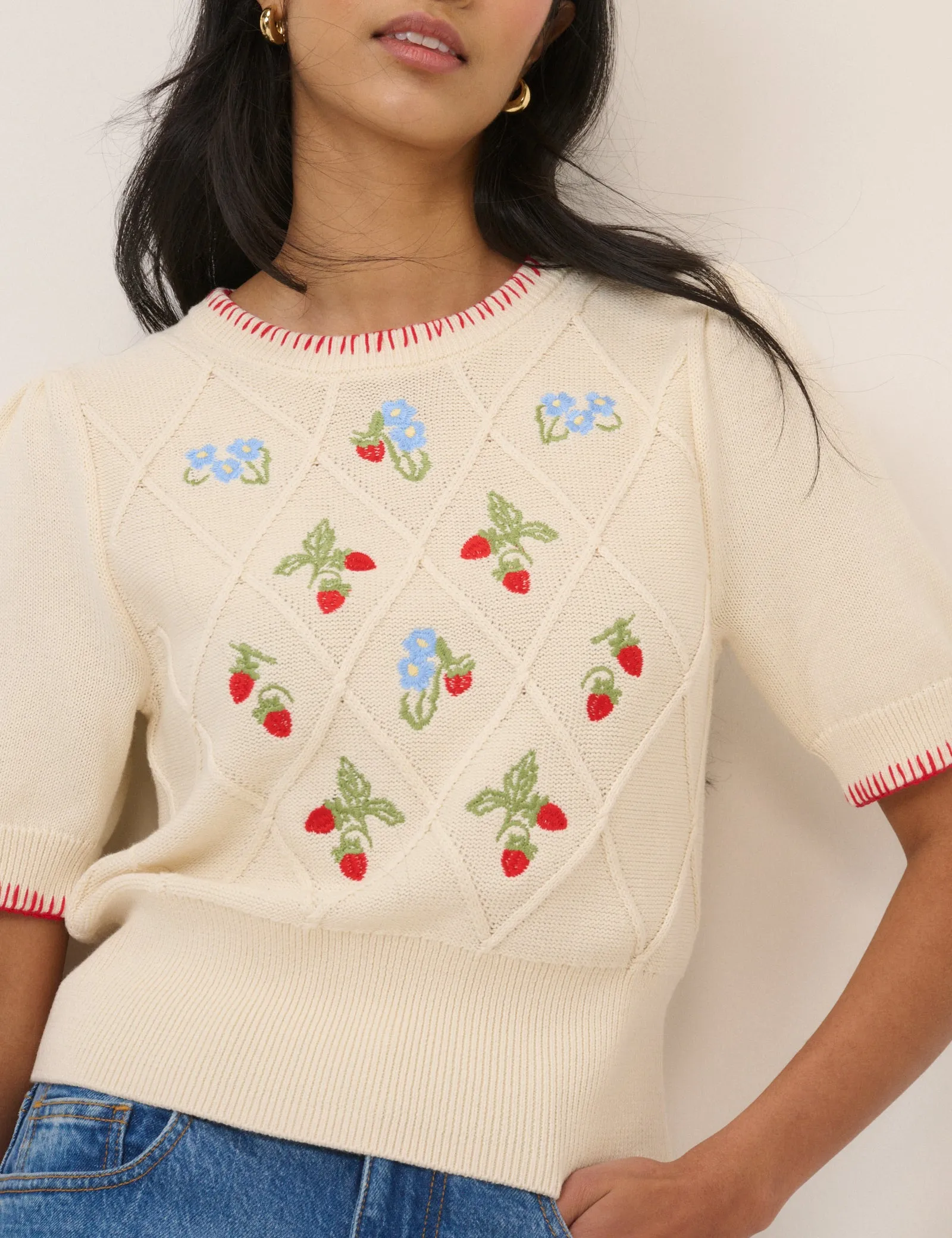 Cream Strawberry Embroidered Knitted T-Shirt sold by Nobody's Child product image thumbnail 3
