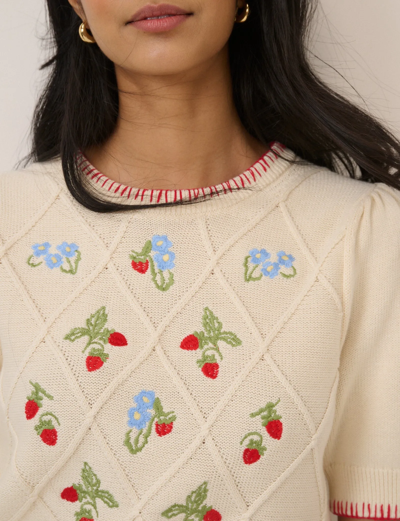 Cream Strawberry Embroidered Knitted T-Shirt sold by Nobody's Child product image thumbnail 2