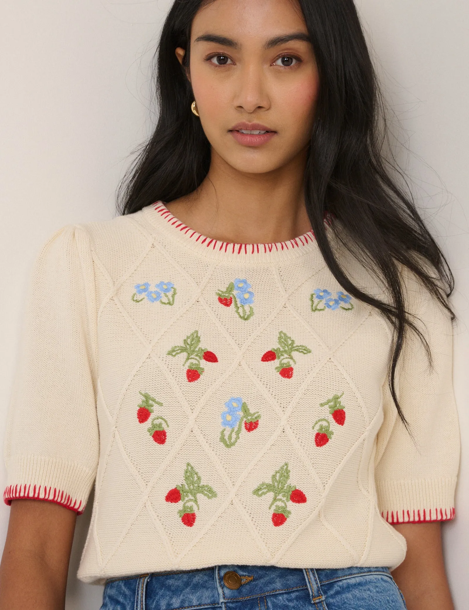 Cream Strawberry Embroidered Knitted T-Shirt sold by Nobody's Child product image thumbnail 4
