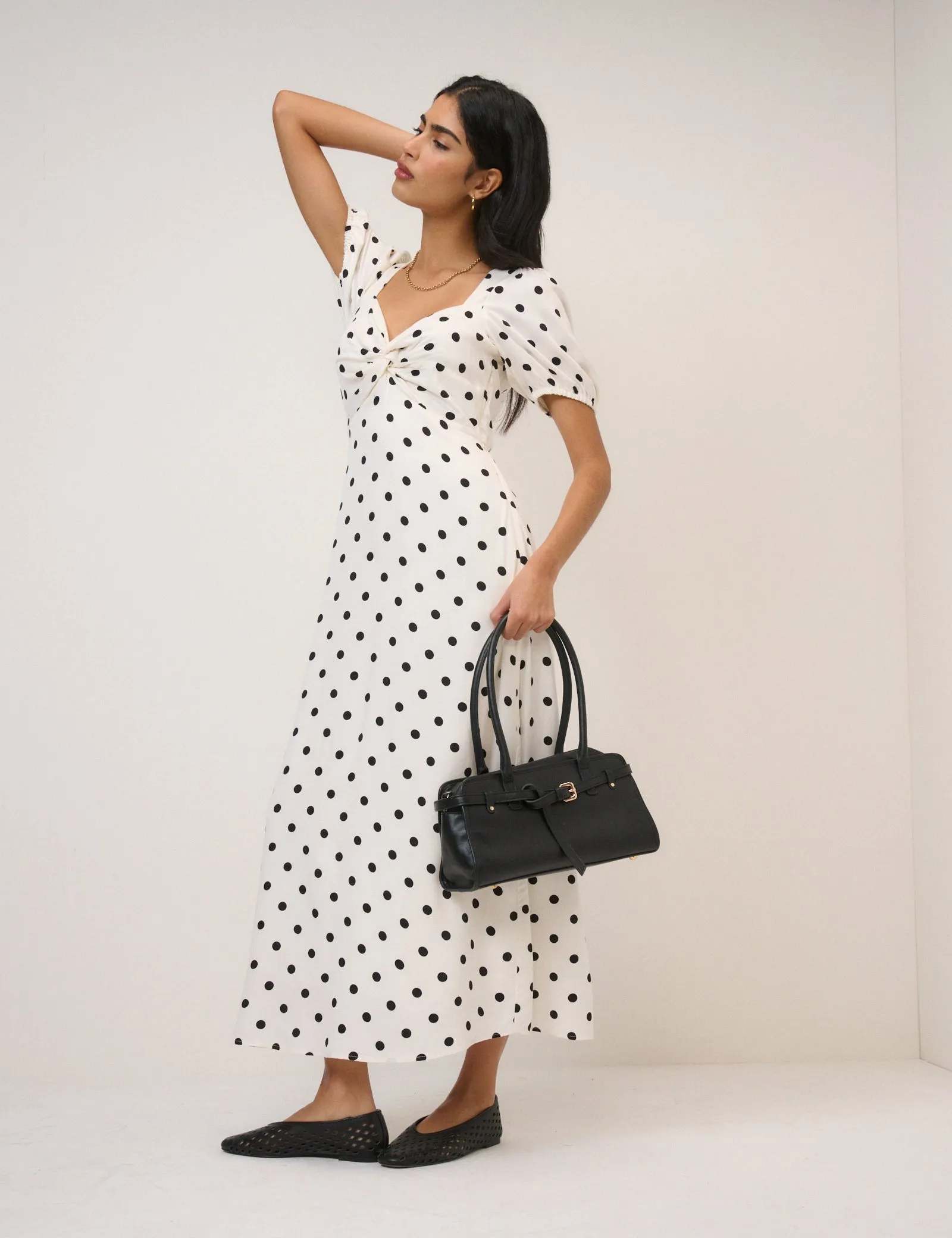 White Polka Dot Tyla Midi Dress sold by Nobody's Child product image thumbnail 5
