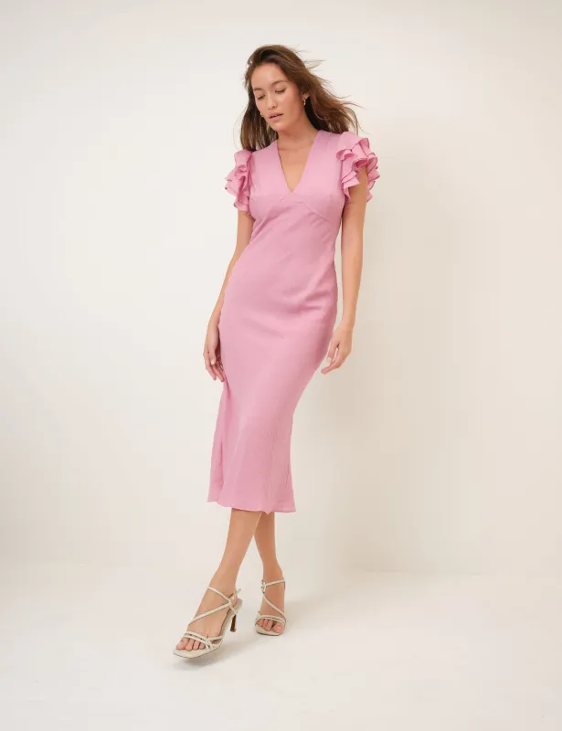 Pink Frill Sleeve Layla Midi Dress sold by Nobody's Child