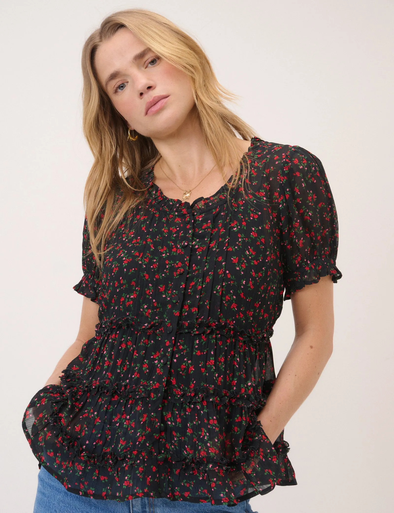 Black Floral Scoop Neck Top sold by Nobody's Child product image thumbnail 3