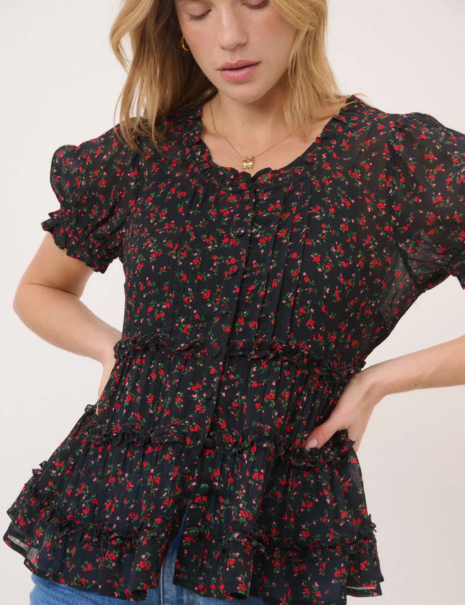 Black Floral Scoop Neck Top sold by Nobody's Child product image thumbnail 4