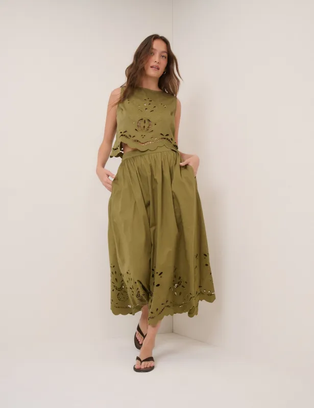 Green Broderie Anglaise Midi Skirt sold by Nobody's Child