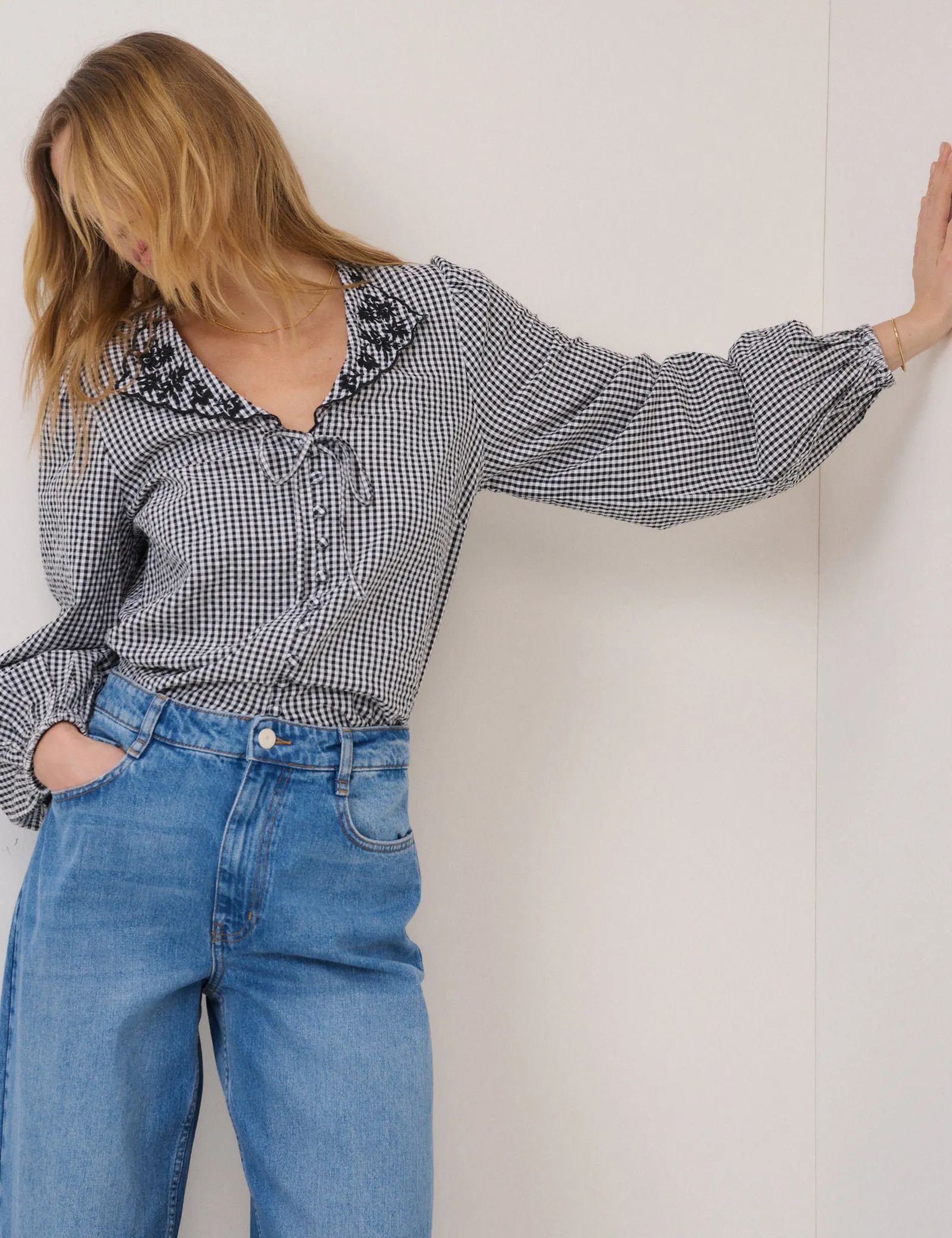 Black Gingham Embroidered Floral Collar Blouse sold by Nobody's Child product image thumbnail 3