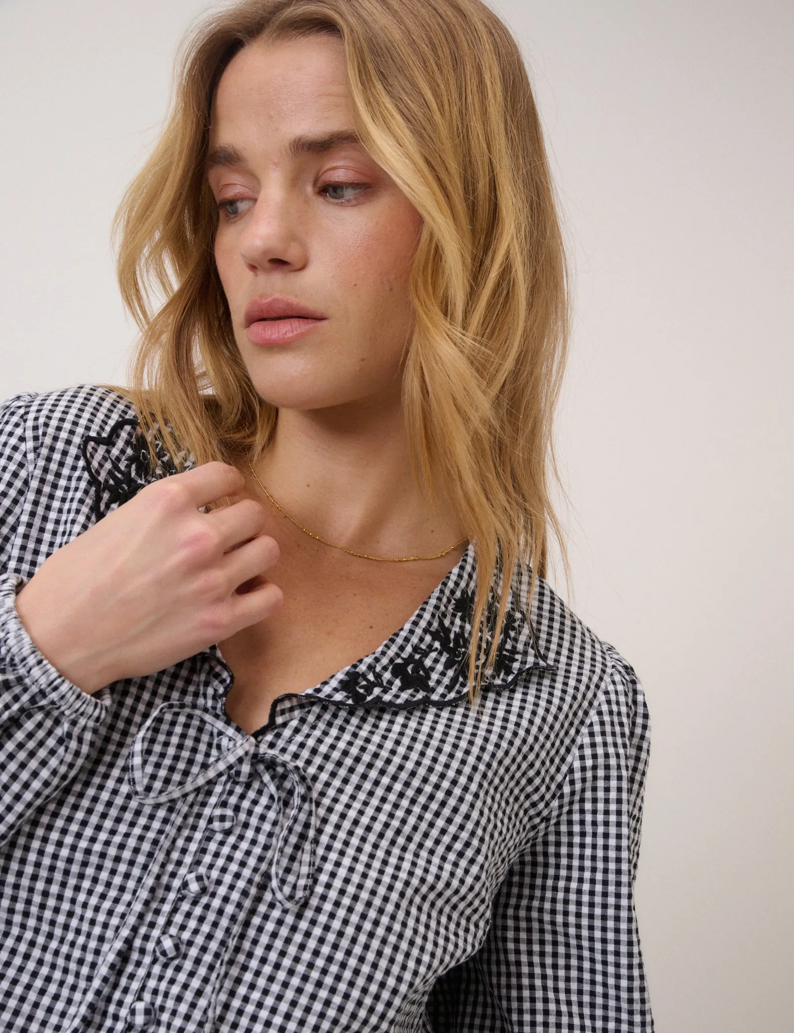 Black Gingham Embroidered Floral Collar Blouse sold by Nobody's Child product image thumbnail 2