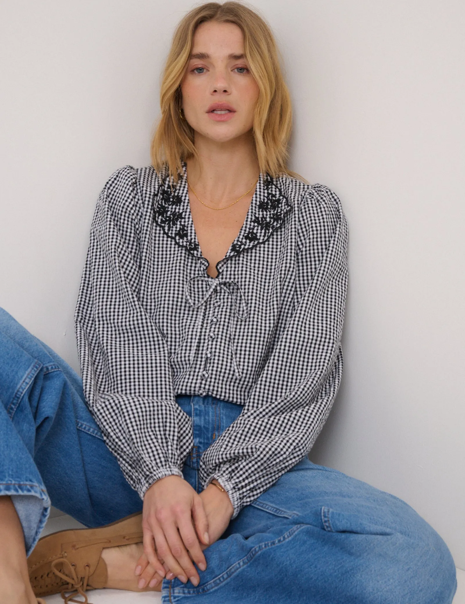 Black Gingham Embroidered Floral Collar Blouse sold by Nobody's Child