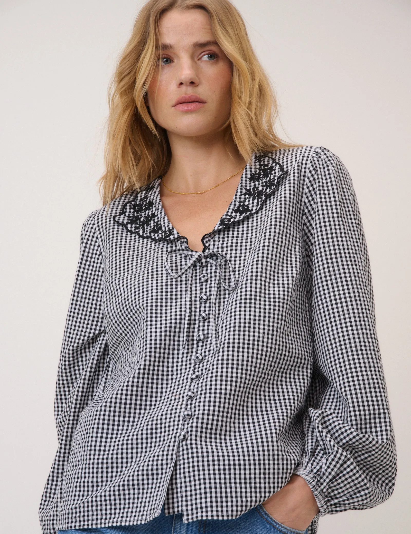 Black Gingham Embroidered Floral Collar Blouse sold by Nobody's Child product image thumbnail 4