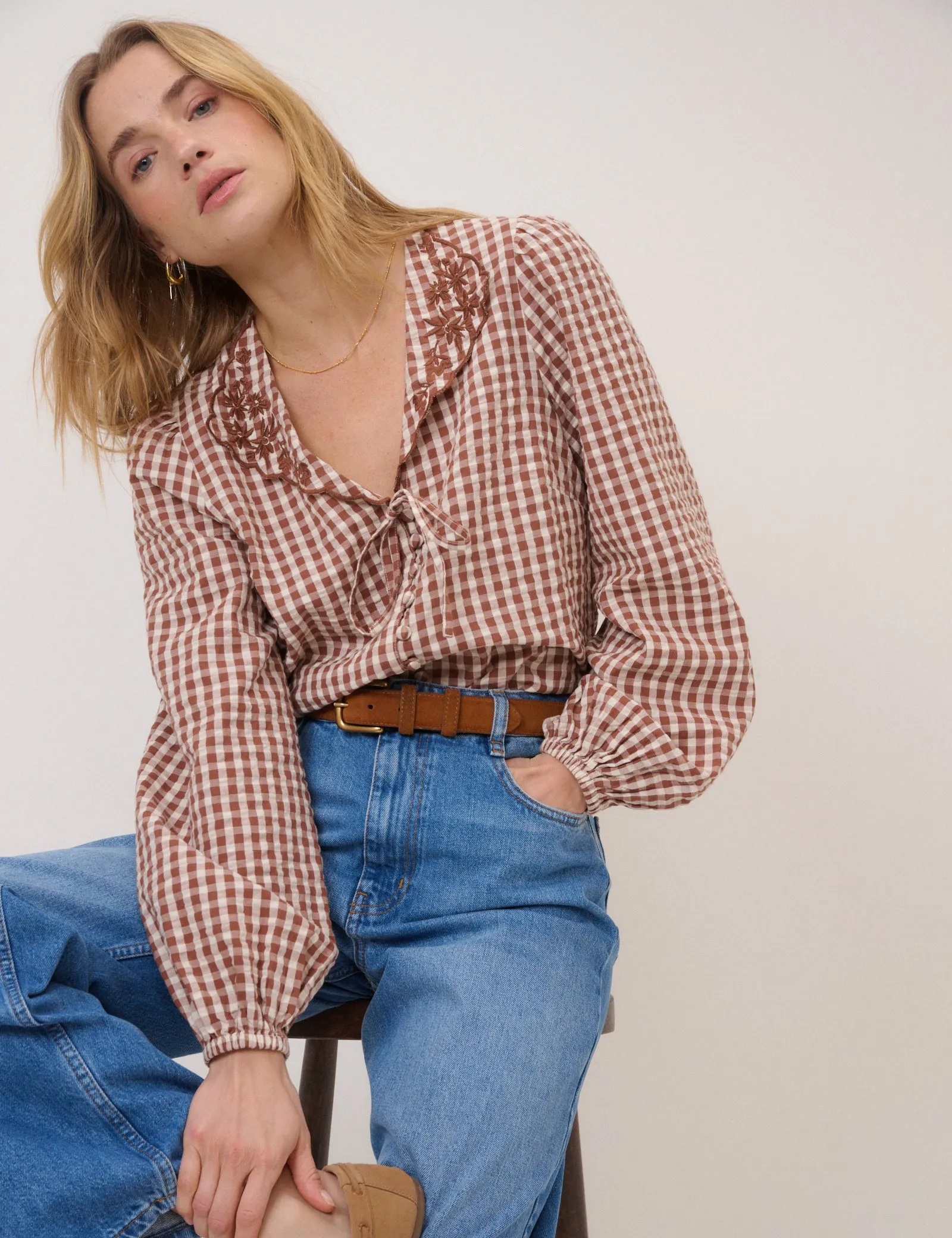 Brown Gingham Embroidered Floral Collar Blouse sold by Nobody's Child