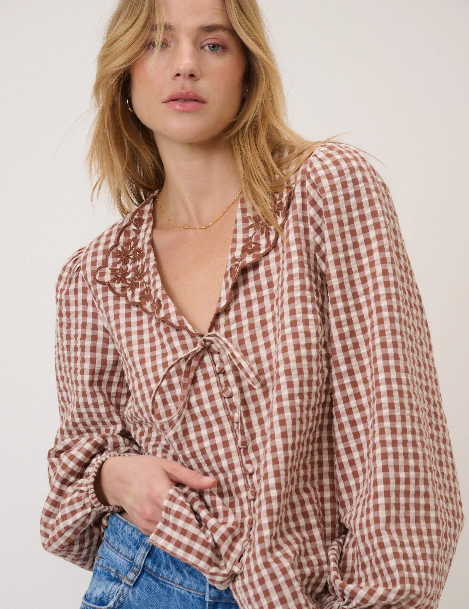 Brown Gingham Embroidered Floral Collar Blouse sold by Nobody's Child product image thumbnail 4