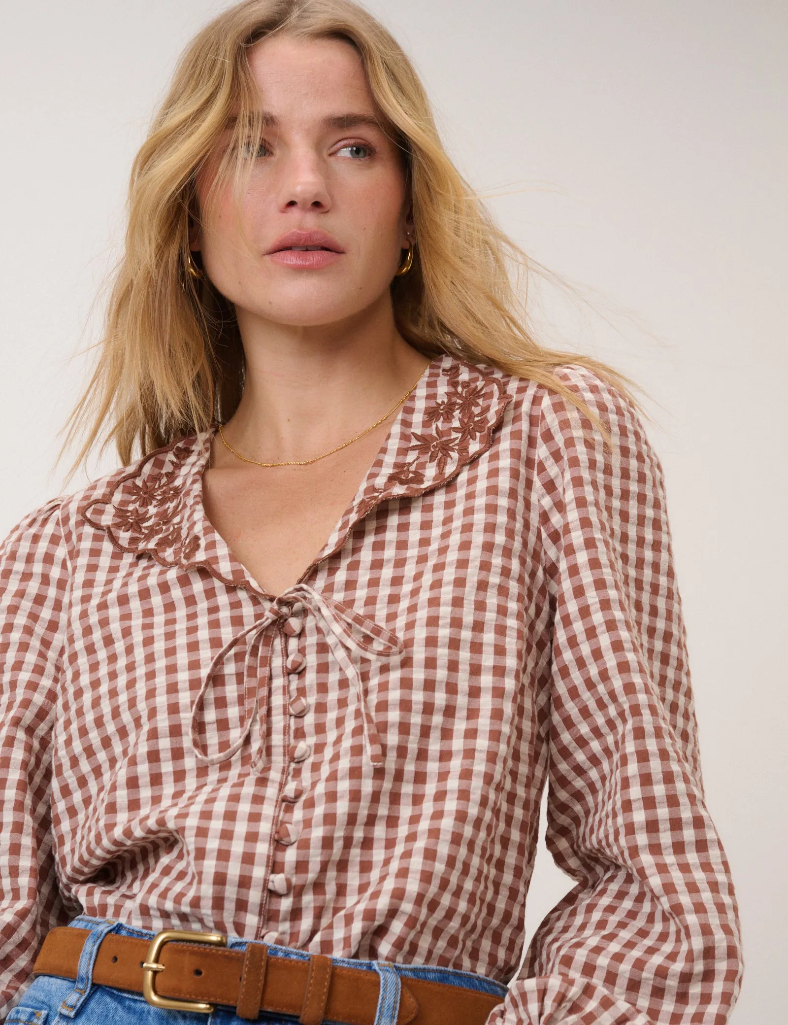 Brown Gingham Embroidered Floral Collar Blouse sold by Nobody's Child product image thumbnail 3