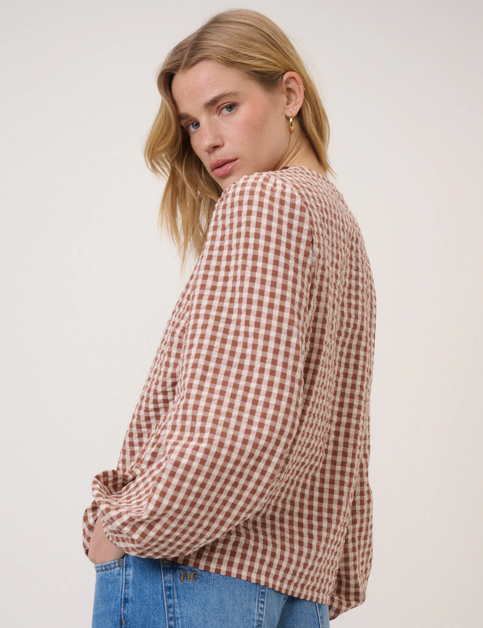 Brown Gingham Embroidered Floral Collar Blouse sold by Nobody's Child product image thumbnail 5