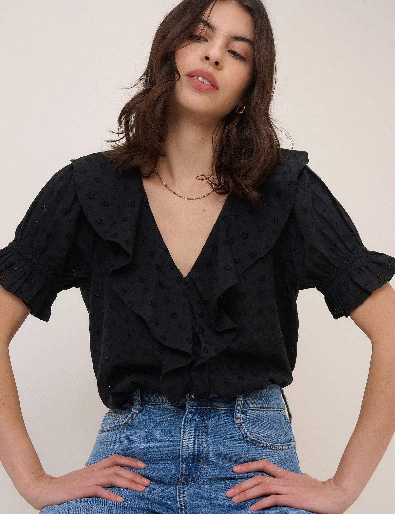 Black V-Neck Whitney Blouse sold by Nobody's Child