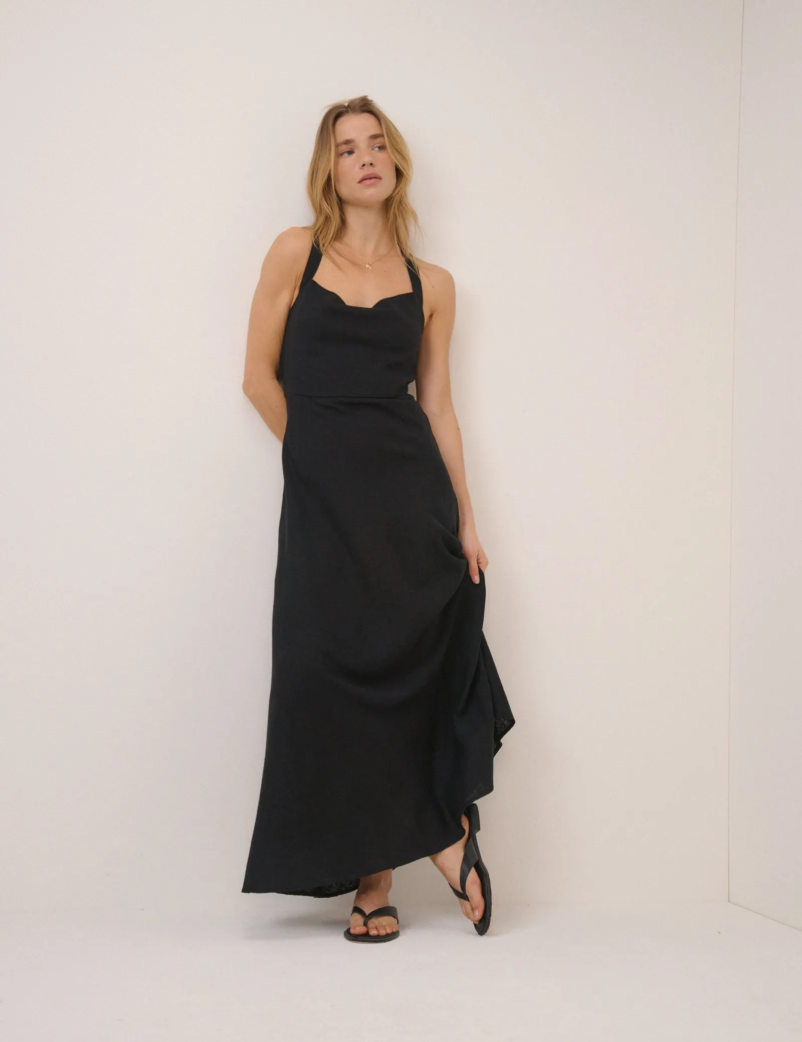 Black Linen-Blend Dana Midi Dress sold by Nobody's Child