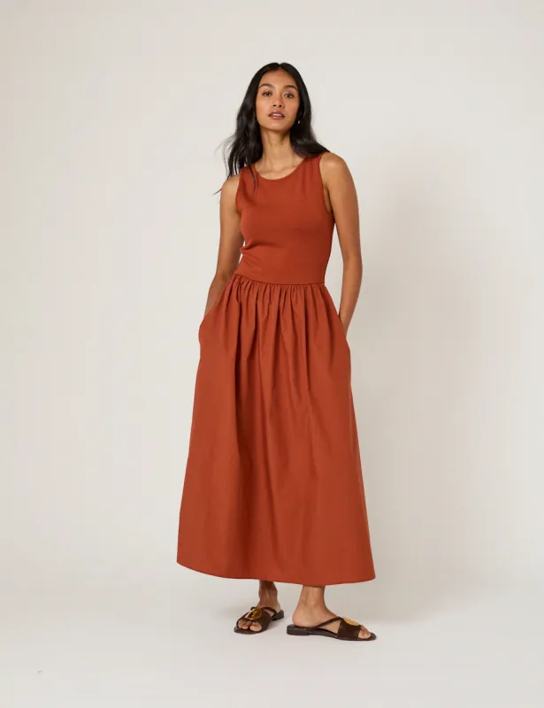 Burnt Orange Sleeveless Vera Midi Dress sold by Nobody's Child