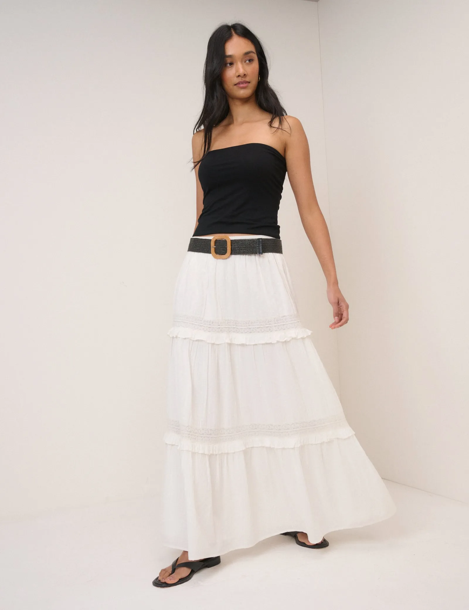 White Tiered Midi Skirt sold by Nobody's Child