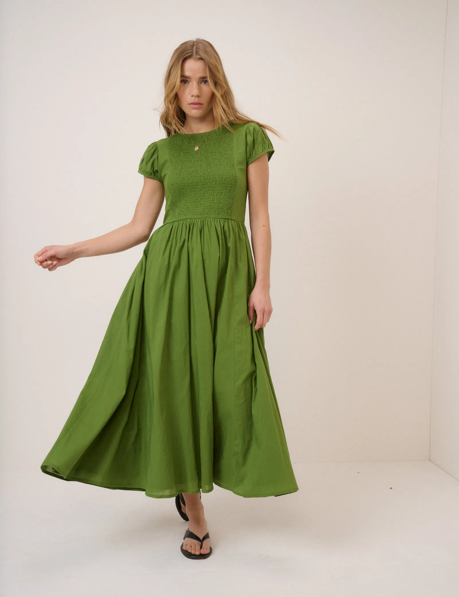 Green Puff Sleeve Allison Midi Dress sold by Nobody's Child