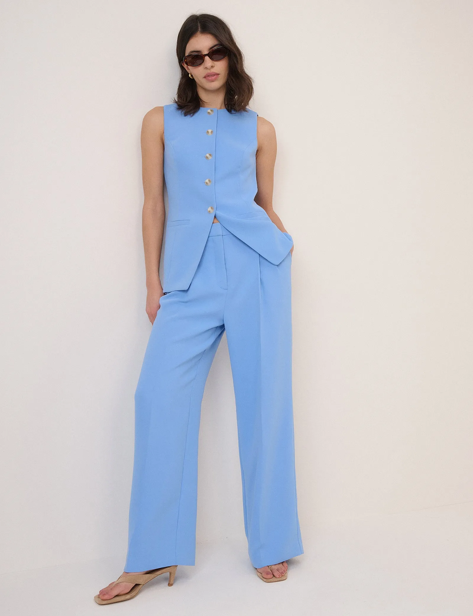 Blue Wide Leg Jax Crepe Trousers sold by Nobody's Child