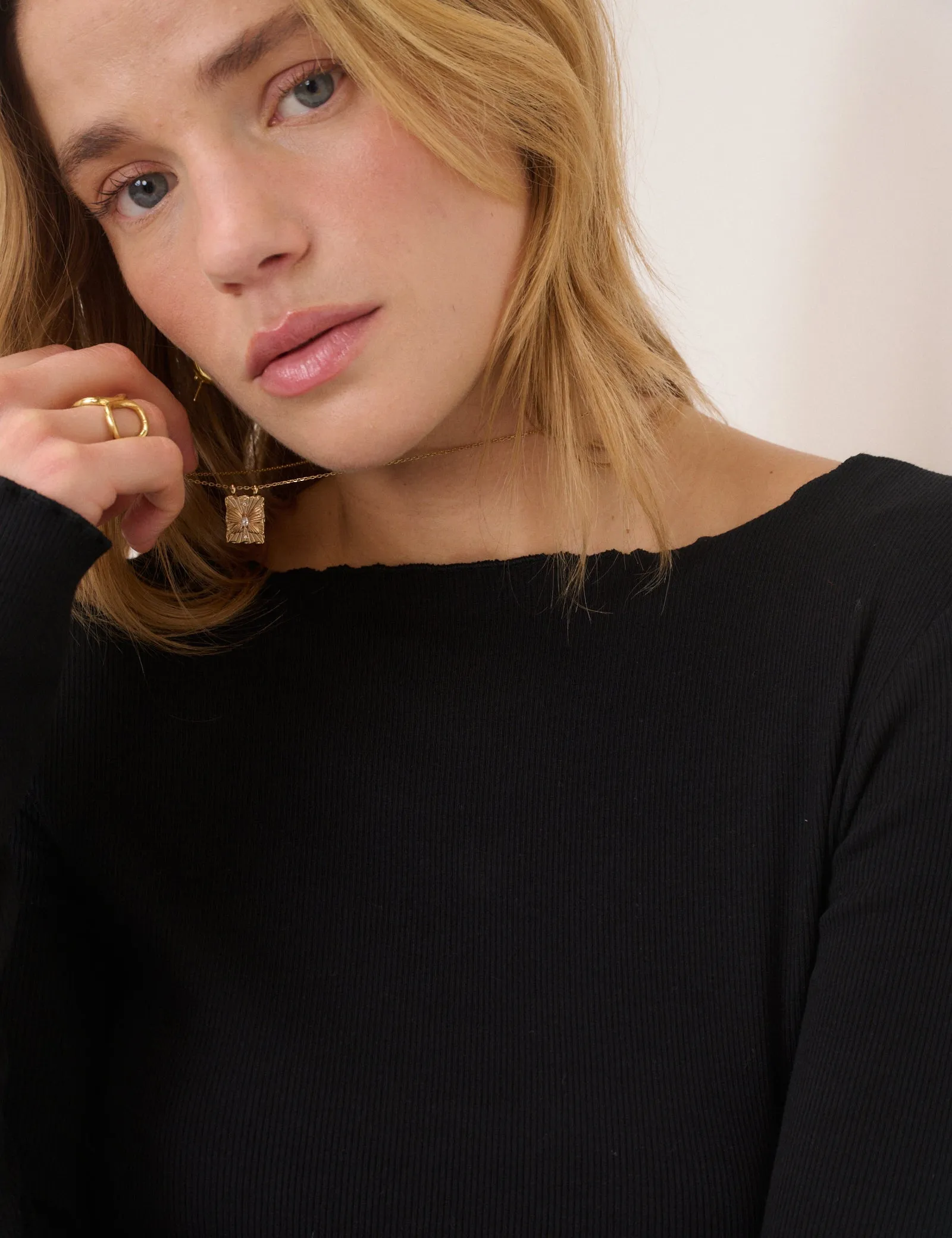 Black Boat Neck Frill Ribbed Top sold by Nobody's Child product image thumbnail 2