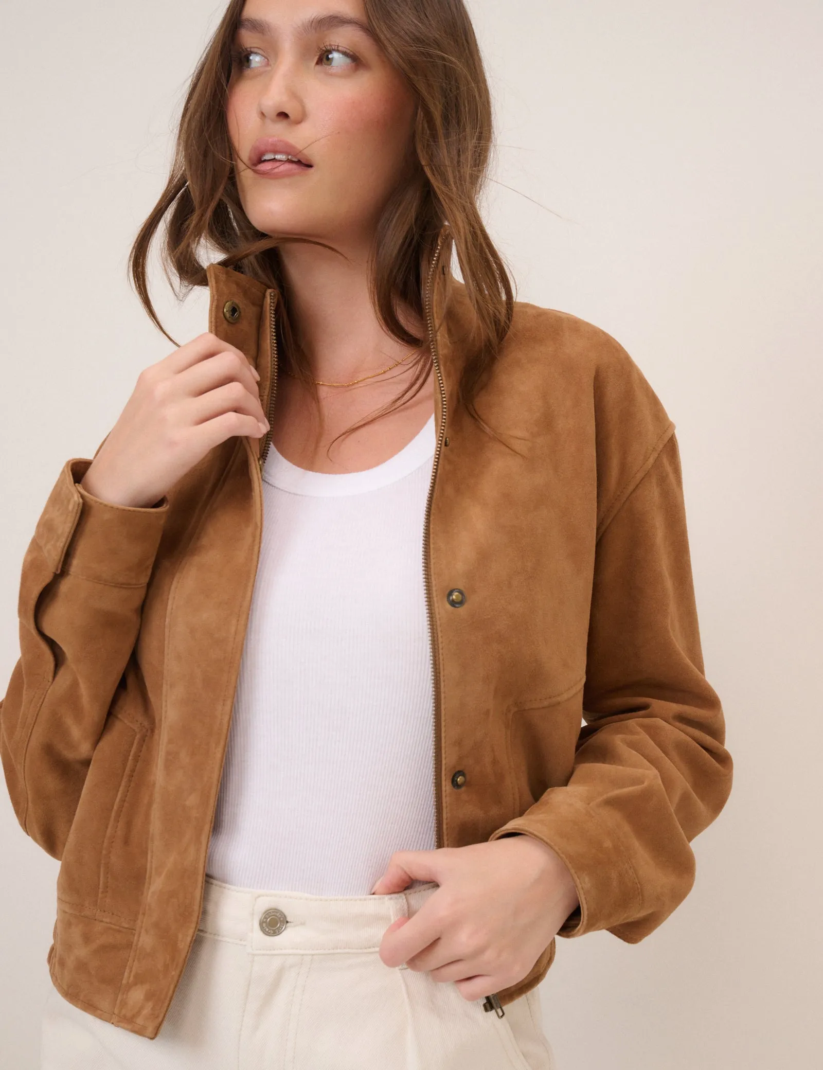 Brown Funnel Neck Suede Bomber sold by Nobody's Child