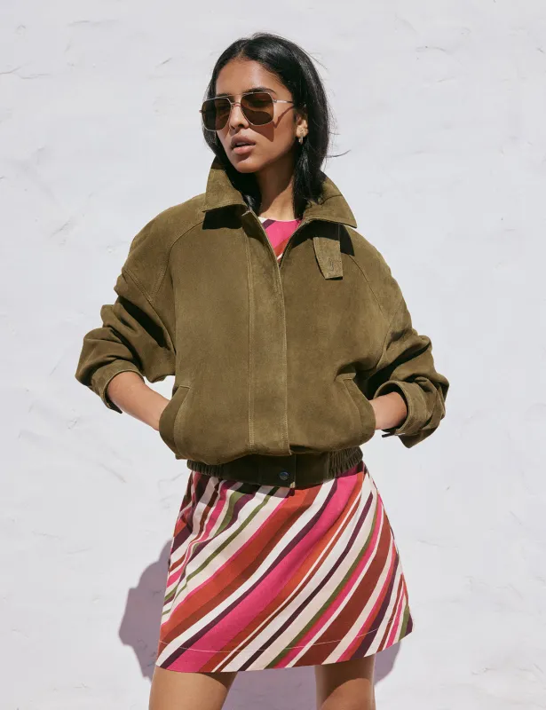 Khaki Funnel Neck Suede Bomber Jacket sold by Nobody's Child