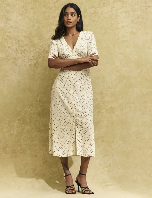 Petite Cream Spot Alexa Midi Tea Dress with Shirring sold by Nobody's Child