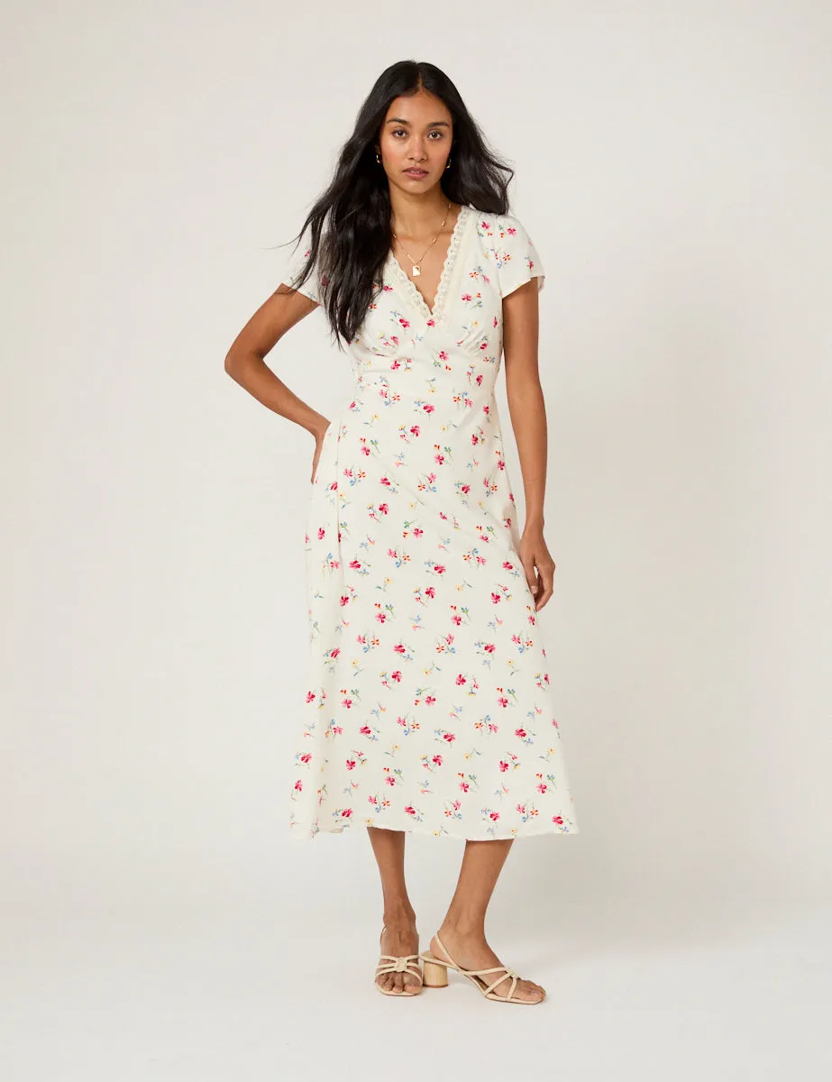 White Floral Lace Trim Kacey Midi Dress sold by Nobody's Child